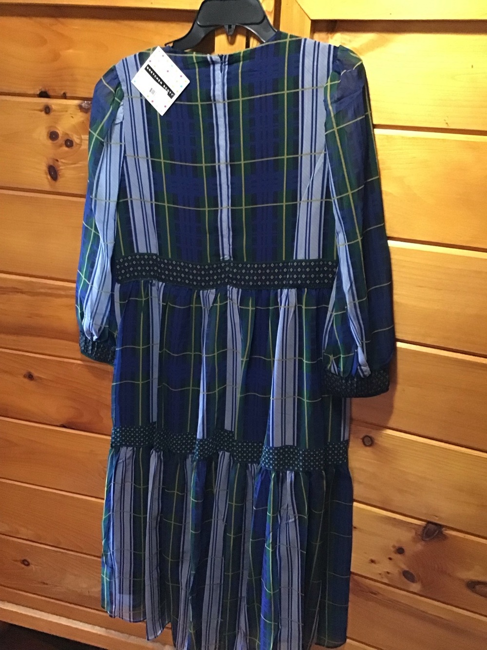 Plaid Tiered Long Sleeve Dress - Navy and Green